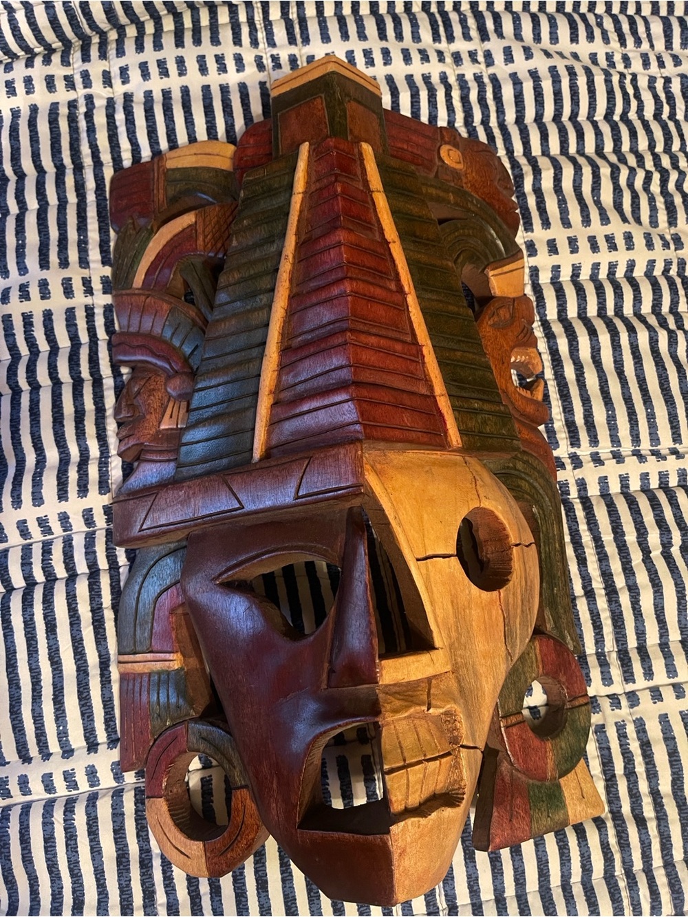 Hand-Carved Wooden Tribal Mask in Multicolor Wood Tones